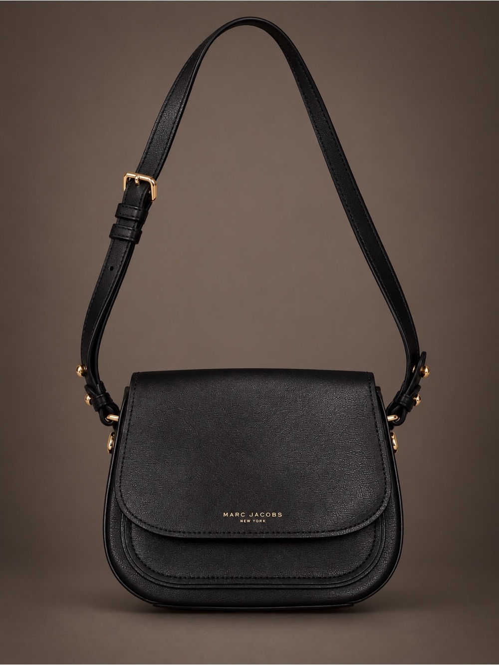 Marc Jacobs Black Leather Crossbody Saddle-Style Bag with Gold Hardware